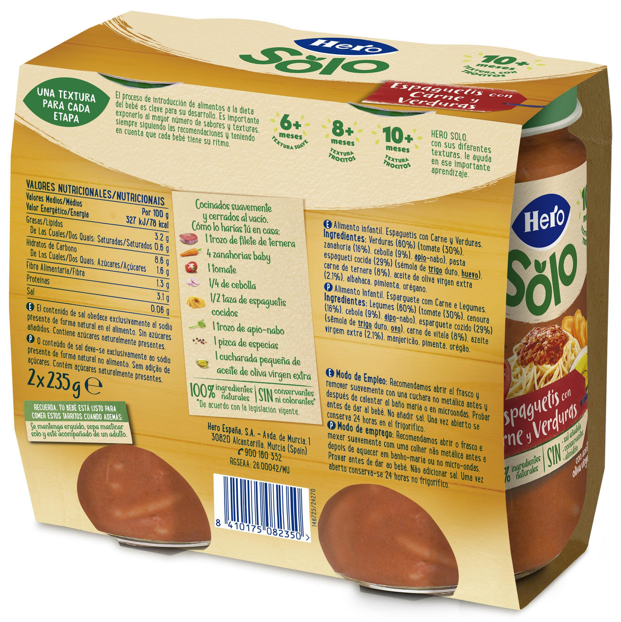 Pote de espaguete Hero Baby com carne e vegetais