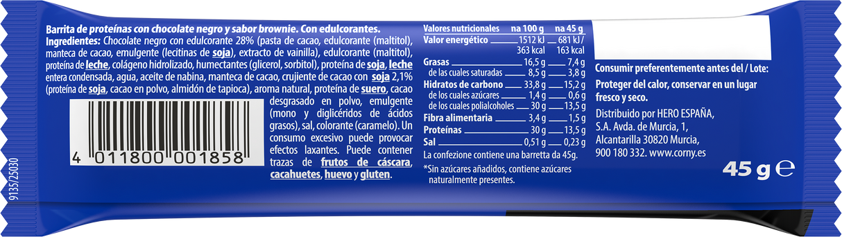 Barrita Corny Protein soft chocolate negro con brownie Pack 12 unidades