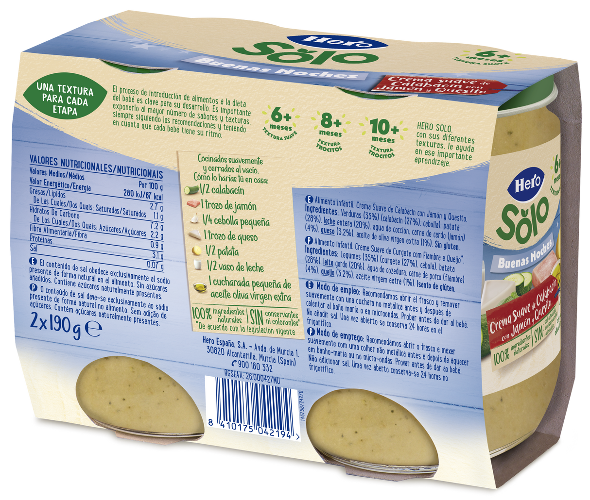 Tarrito Hero Solo crema suave de calabacín con jamón y quesito