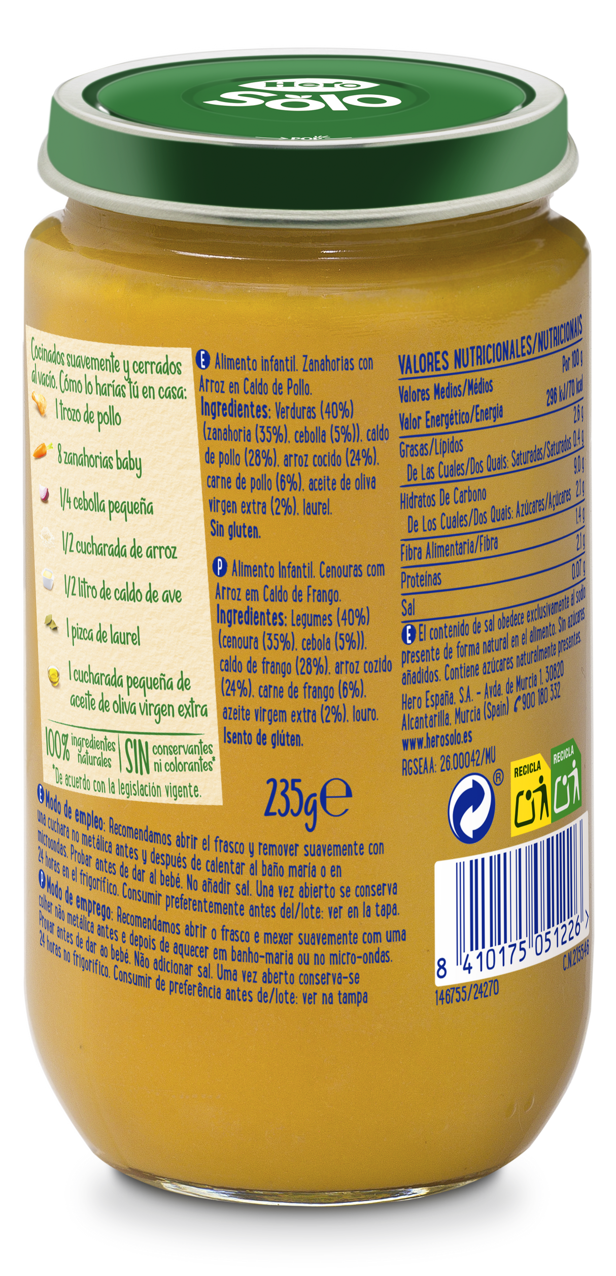 Tarrito Hero Solo zanahorias con arroz en caldo de pollo