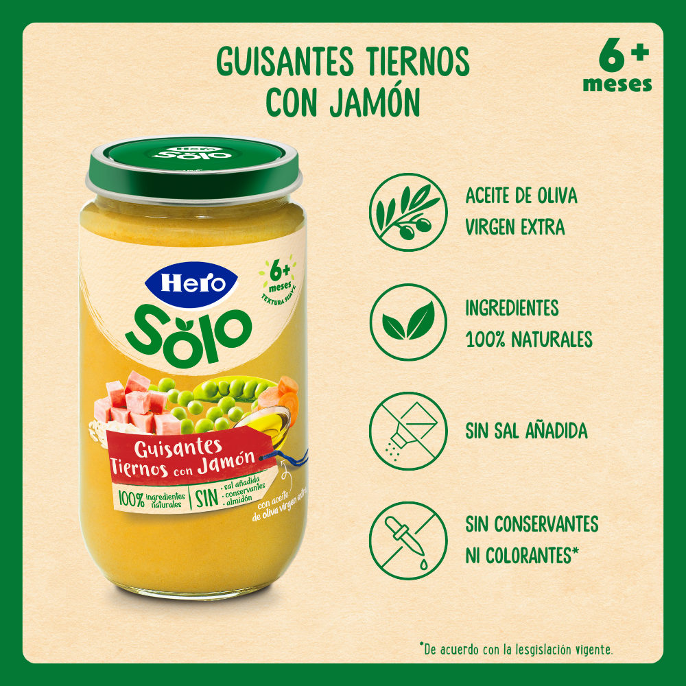 Tarrito Hero Solo guisantes tiernos con jamón