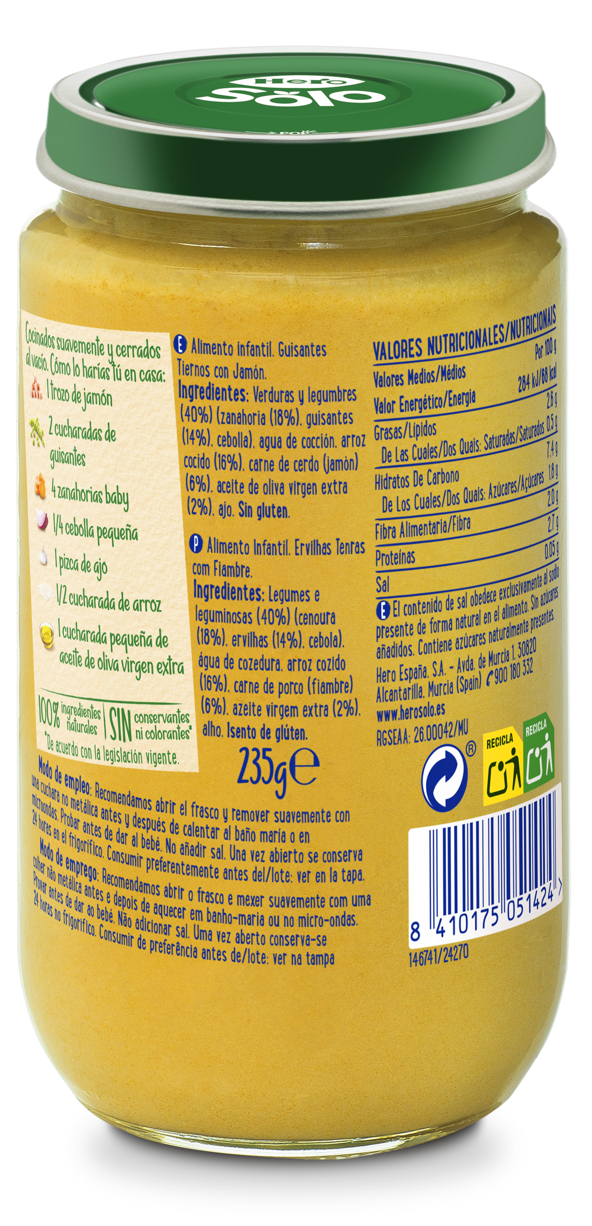 Tarrito Hero Solo guisantes tiernos con jamón