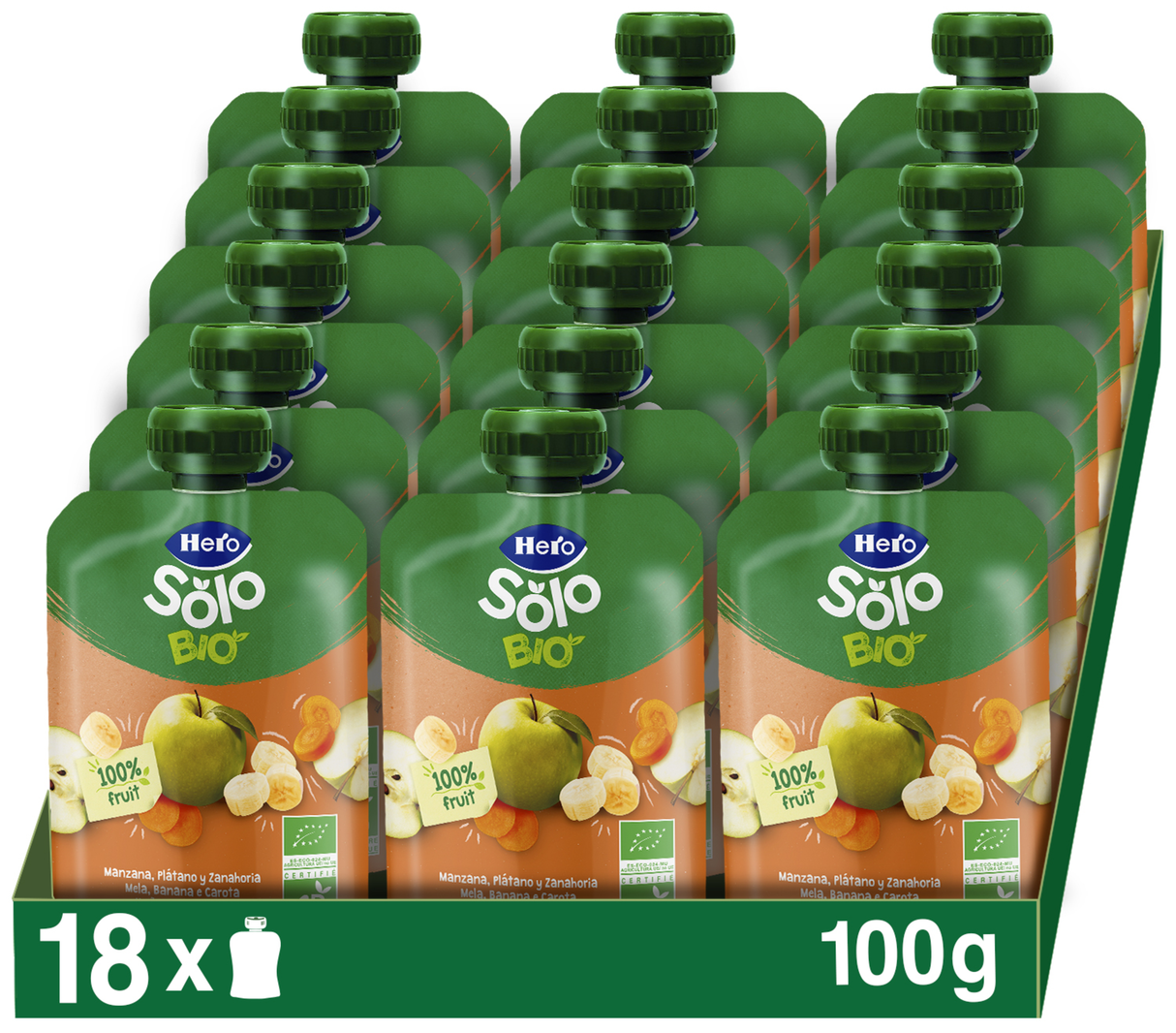 Saqueta Eco Hero Solo maçã, banana e cenoura