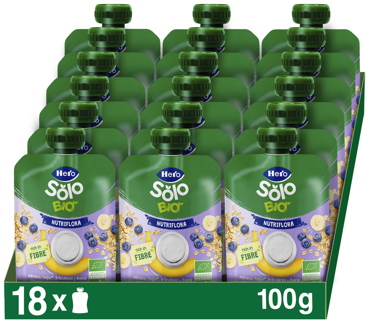 Bolsita Hero Solo Bio Nutriflora plátano yogur arándanos y avena