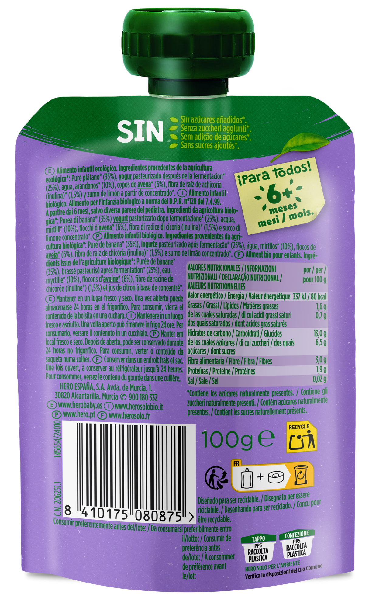 Bolsita Hero Solo Bio Nutriflora plátano yogur arándanos y avena