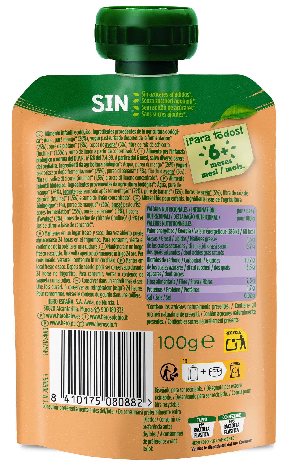 Bolsita Hero Solo Bio mango yogur plátano y avena