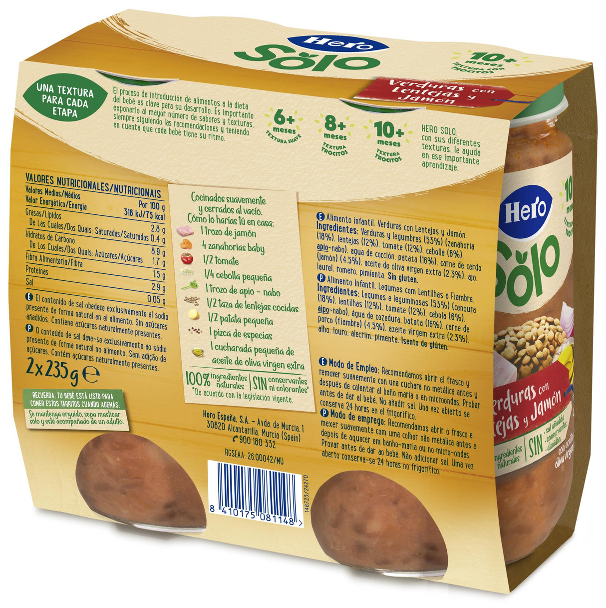 Tarrito Hero Solo verduras con lentejas y jamón