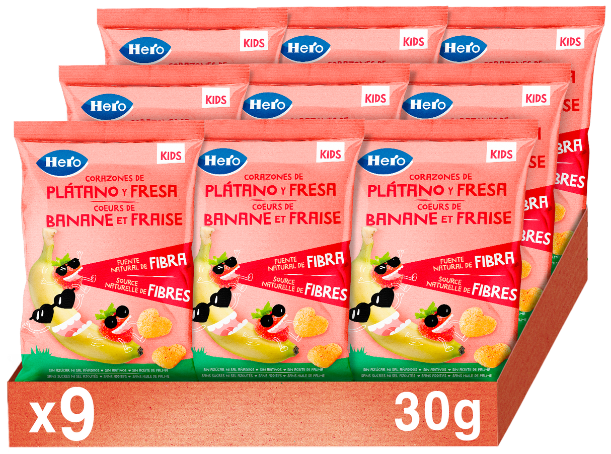 Snacks Hero Kids corazones plátano y fresa