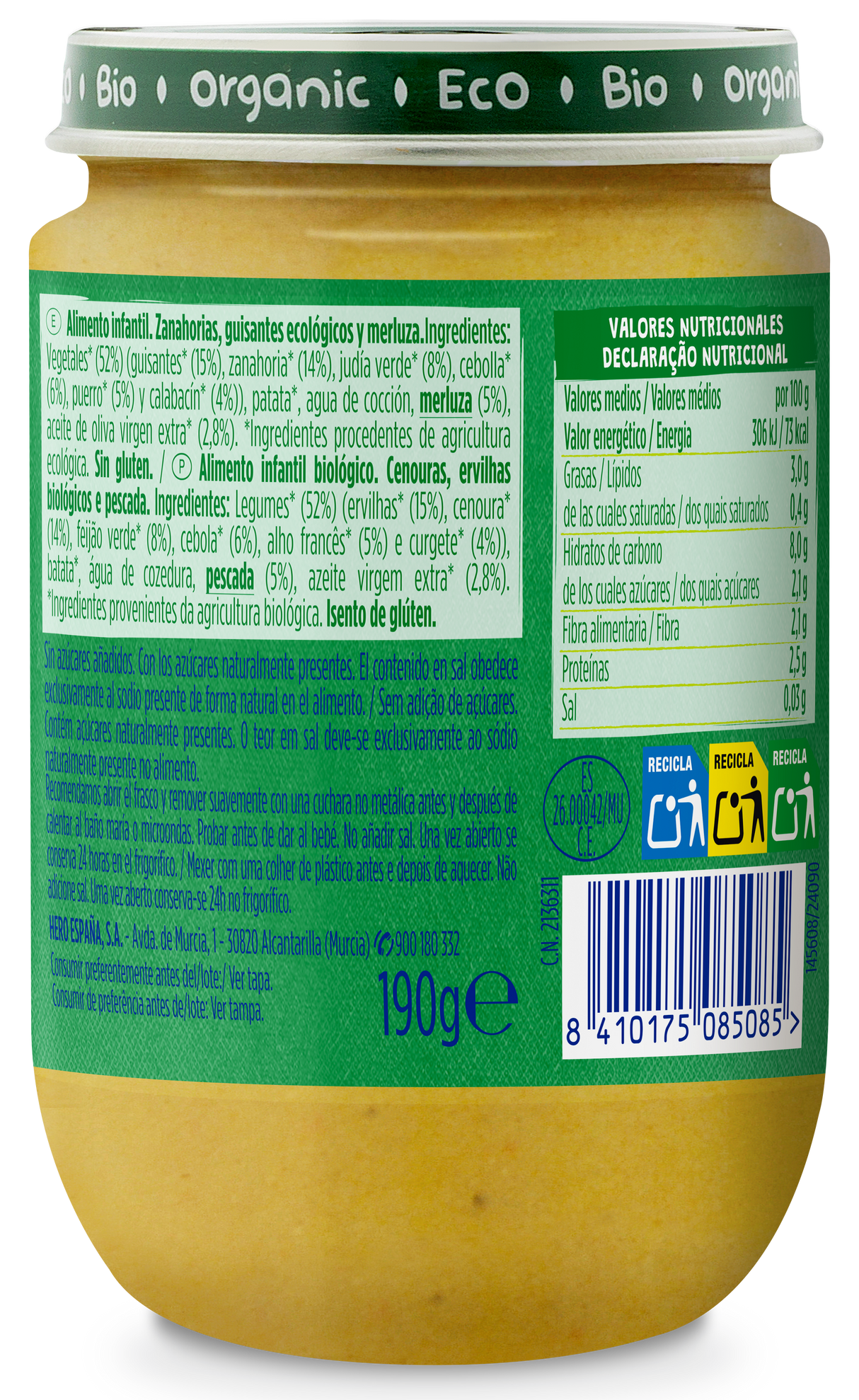 Tarrito Eco Hero Solo zanahoria guisantes y merluza