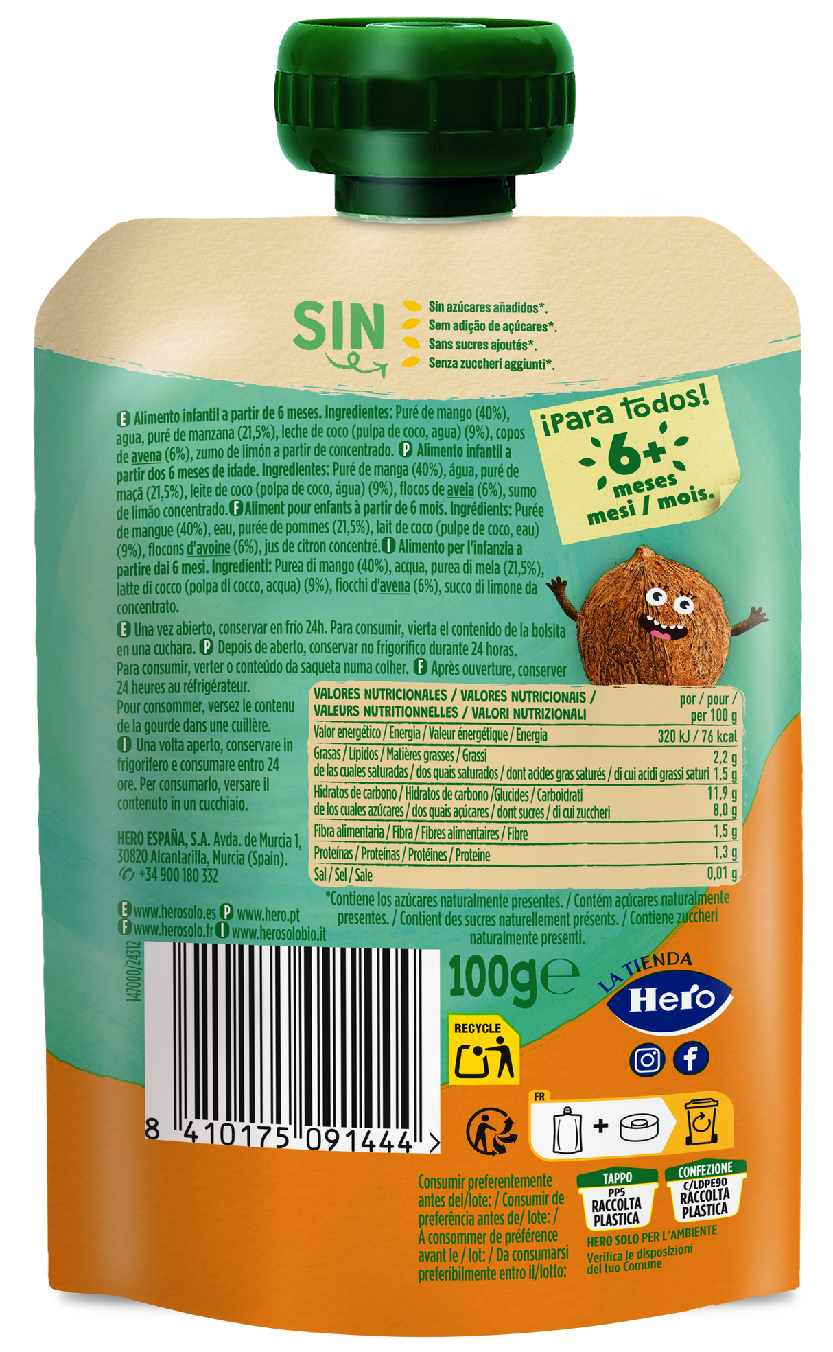 Saqueta de fruta Hero Solo manga maçã leite de coco e aveia