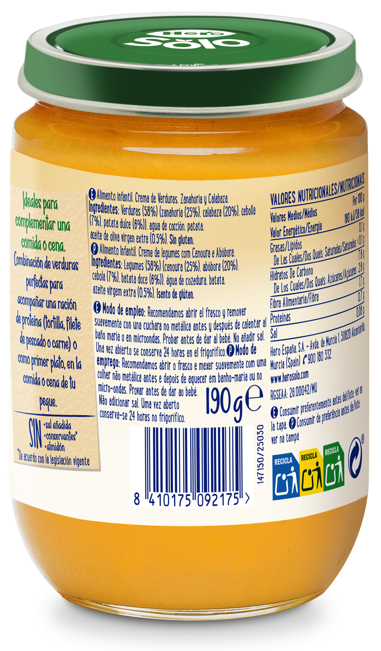 Tarrito Hero Solo crema de verduras zanahoria y calabaza