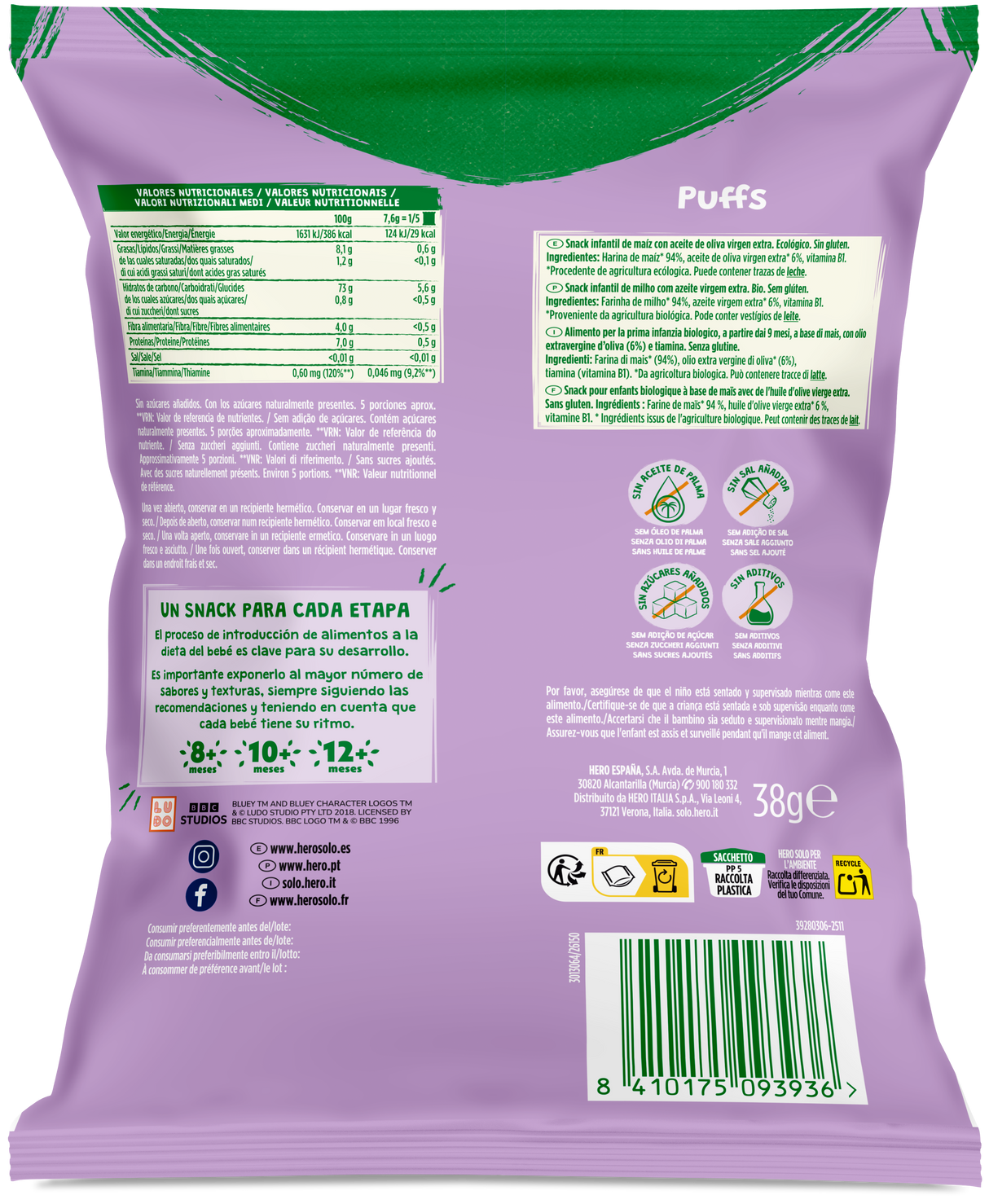 Snacks Hero Solo Bio Puffs Bluey maíz y aceite de oliva