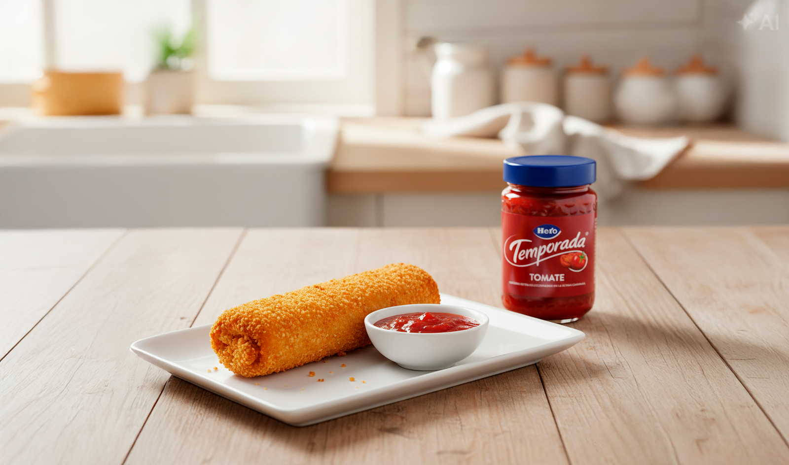 Flamenquín cordobés crujiente servido junto a mermelada de tomate en un plato blanco rectangular sobre una mesa de madera.