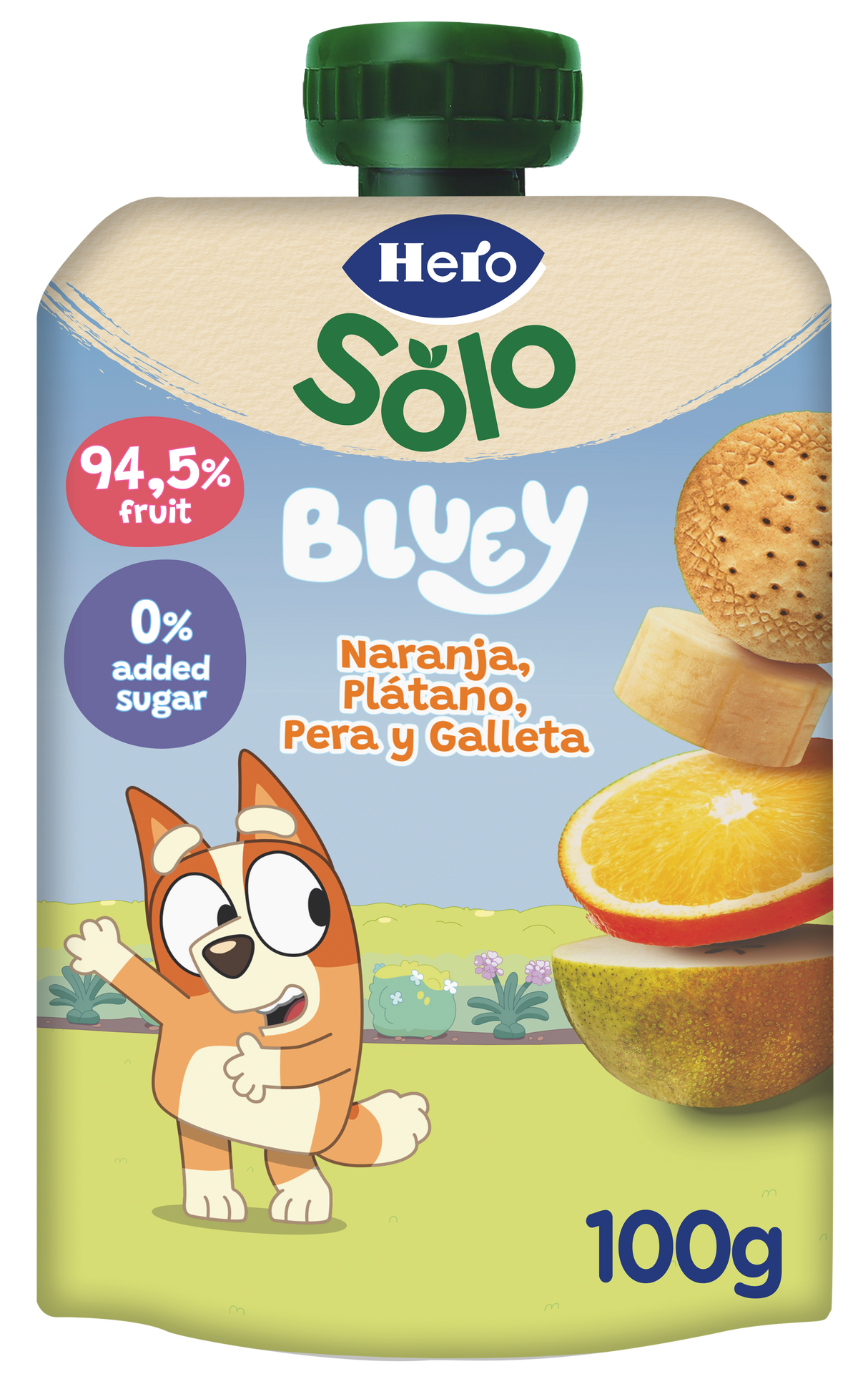 Bolsita Hero Solo naranja plátano pera y galleta Bluey