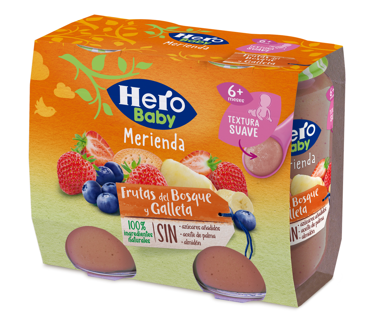 Pote Hero Baby com frutas silvestres e biscoitos