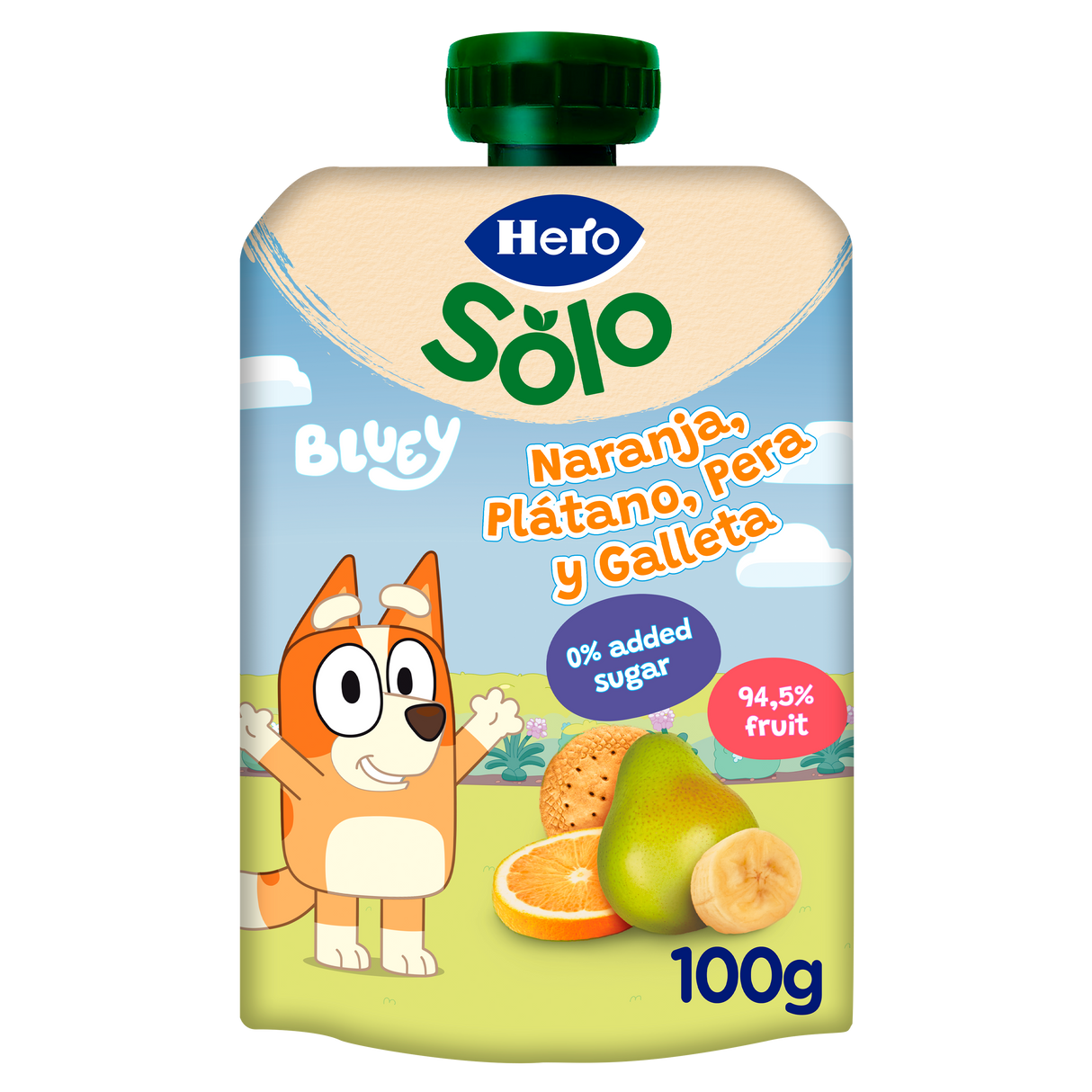 Bolsita Hero Solo Bluey naranja plátano pera y galleta