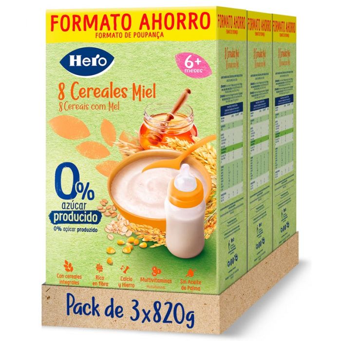 Papilla de cereales Hero Baby 8 cereales con miel 3x820g